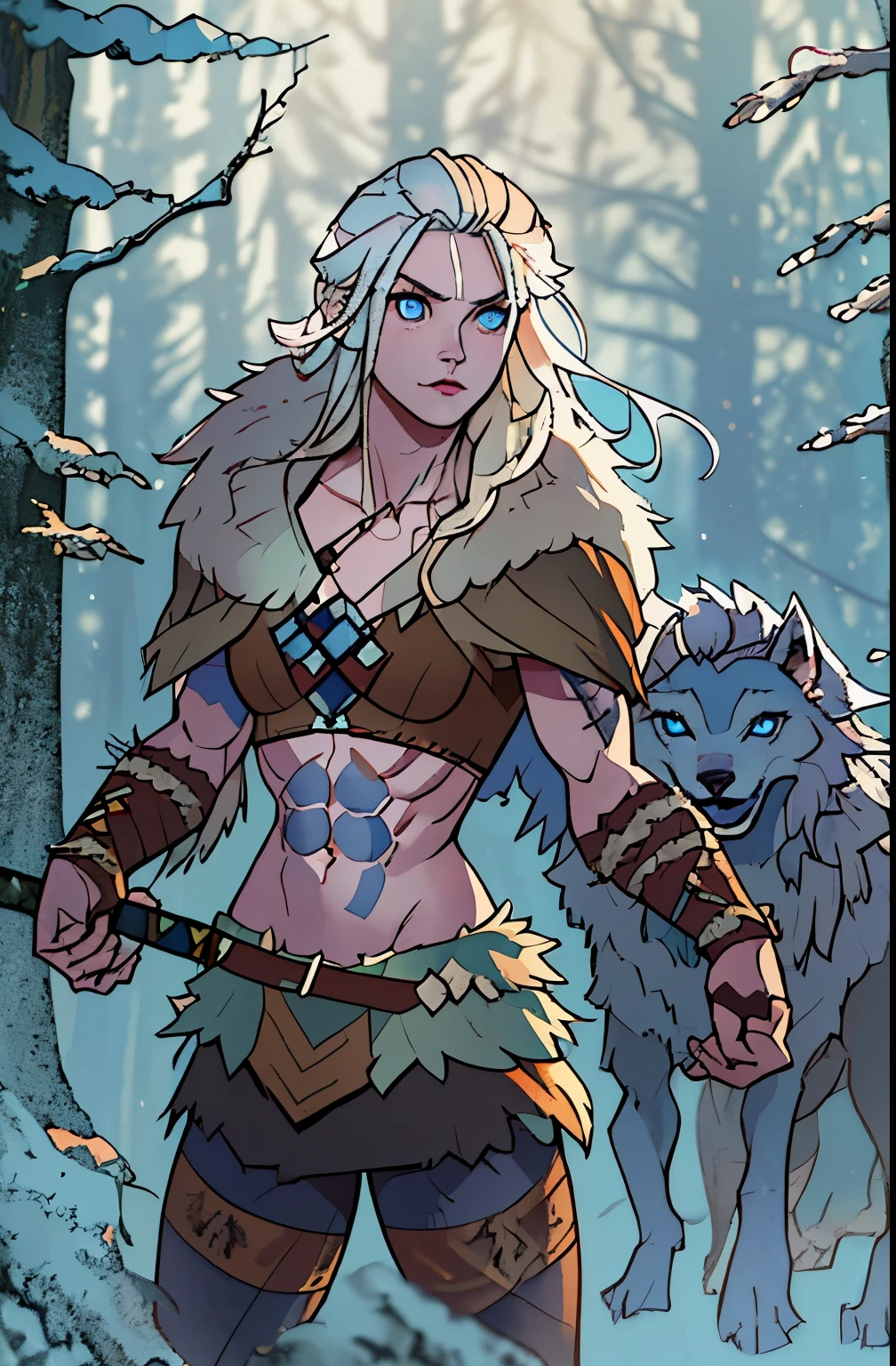 Female viking, (young:1.2), (muscular:1.2), fit, wearing brown furs and hides, blue norse tattoos, blue eyes, platinum blonde hair. Setting is a Scandinavian forest in winter, bare arms, exposed naval, (abs:1.2). Highly detailed, norse, berserker, arm muscles, leg muscles, (ethereal wolf spirit behind character:1.4)