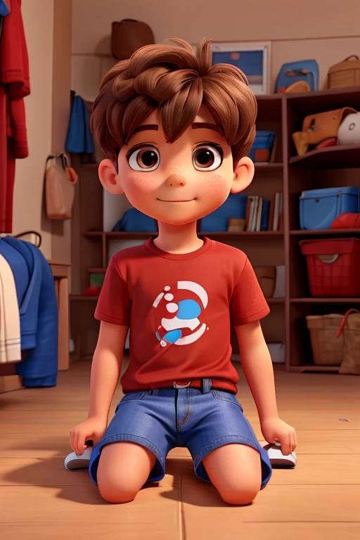 A 6 -old sitting with brown short hair, brown eyes with fair skin wearing a red t-shirt, blue jean shorts and blue tennis shoes with white socks