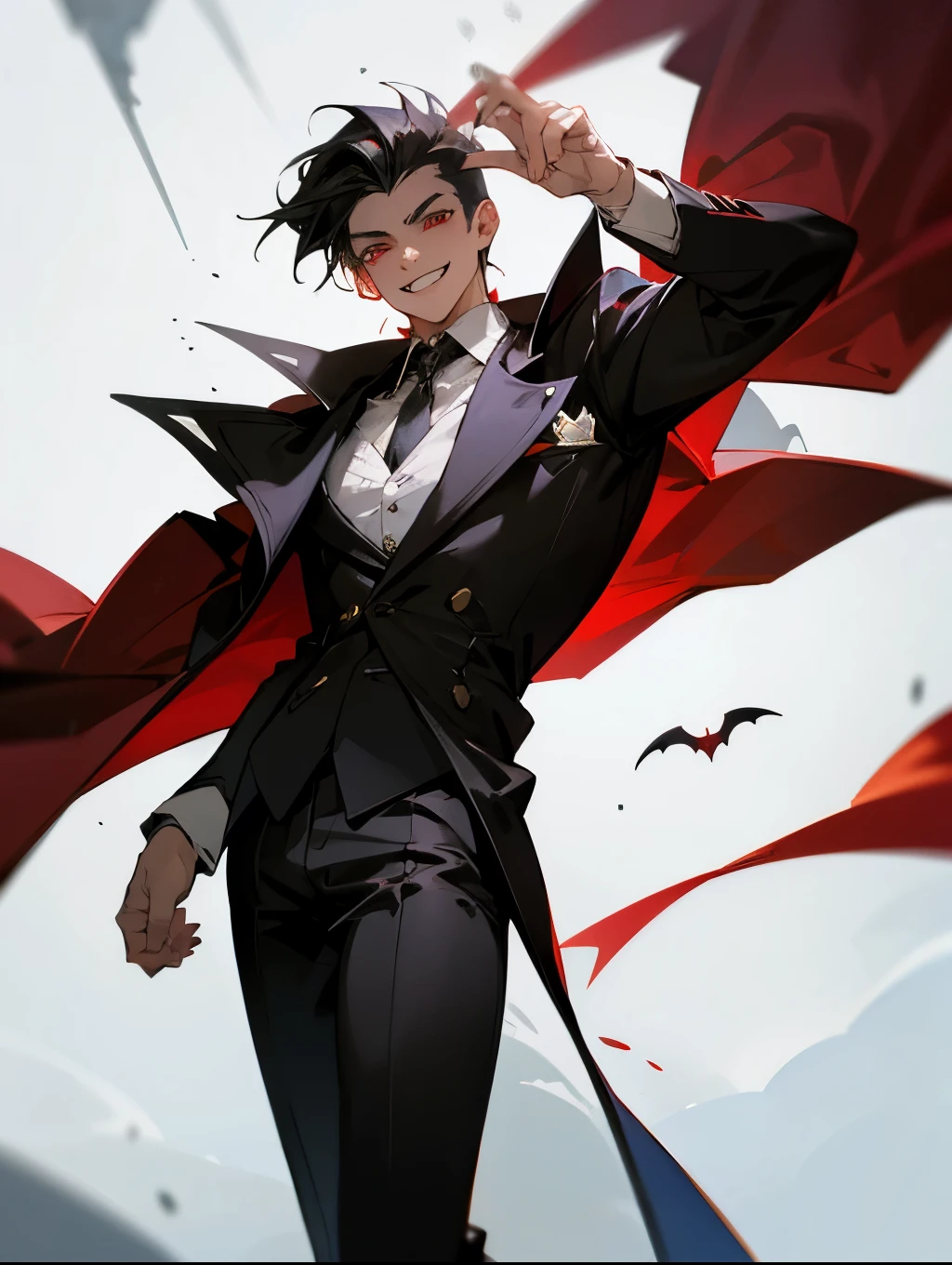 masterpiece, best quality, 1boy, vampire , half body , demon , huge body, terrifying smile, wearing a coat,