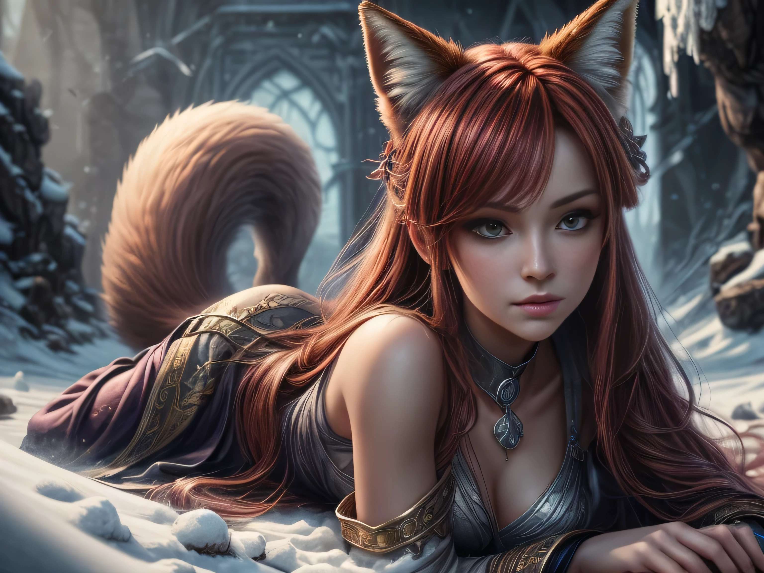 (Best quality, 8K, masterpiece, HDR, soft lighting, picture perfect, realistic, vibrant), foxgirl with red hair and little fox lying on the snow, kitsune, beautiful fox, nobushi fox, beautiful female kitsune, digital anime illustration, beautiful illustration, beautiful digital artwork, exquisite digital illustration, realistic digital anime art, realistic anime style digital art, (ultra high quality fantasy art, final fantasy), masterpiece, ultra high quality female character design, anime art with development 8k, realistic anime art, wallpaper illustrations of the highest quality, complex ultra high quality accurate faces of female characters, high quality design and accurate physics (ultra high quality fantasy style)), art, dark fantasy)) Style), masterpieces, super high quality characters, anime resolution - 8K, realistic anime art, highest quality wallpaper illustration, ultra-high facial detail, quality design and physics accuracy), by color, depth of field, shadows, ray tracing, high quality and 8K resolution computer wallpaper production, Fantasy Love Fox, Dark Fox -mage, (Accurate simulation of the interaction of light and materials)], [Highly detailed hair [More about beautiful and shiny red hair]], (Beautifully detailed hands [perfect fingers [Beautiful nails]], (perfect anatomy (perfect proportions)) [[ Full-length]], [Perfect color combination (Accurate imitation of the interaction of light and material)], [art that conveys the meaning of the story]