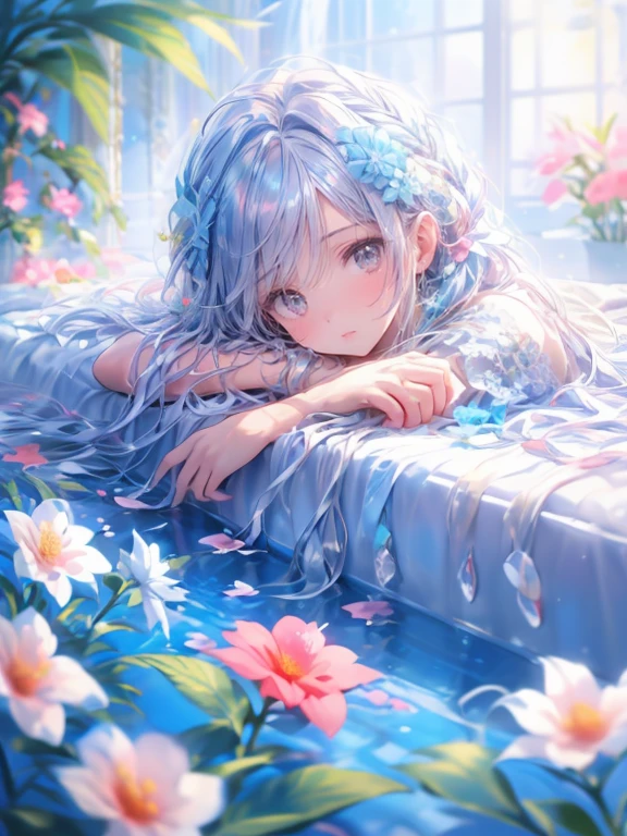 masterpiece:1.2, 8k, (best quality,ultra-detailed,photorealistic:1.37),1girl, soft light, cute girllying on a bed covered with a multitude of flowers,soft and delicate petals,fragrant blossoms,an abundance of colorful blooms,freshly picked flowers scattered on the bed,beautifully arranged flower arrangement,romantic and dreamy atmosphere,vibrant and vivid flower colors,a bed filled with flowers of various types and sizes,exquisite floral patterns,HDR,UHD,studio lighting,flower petals gently falling in the air,subtle play of light and shadow among the flowers,detailed textures of the flower petals,pure white linen sheets contrasting with the vibrant flowers,meticulous attention to the smallest details,colorful bokeh in the background,an aura of tranquility and peace,perfectly captured beauty of the flowers,artistic and enchanting composition,variety of flower species,playful and whimsical ambiance,feeling of being surrounded by nature's beauty,serene and inviting atmosphere,meticulously hand-painted flowers,impeccable realism,strong floral fragrance in the air.