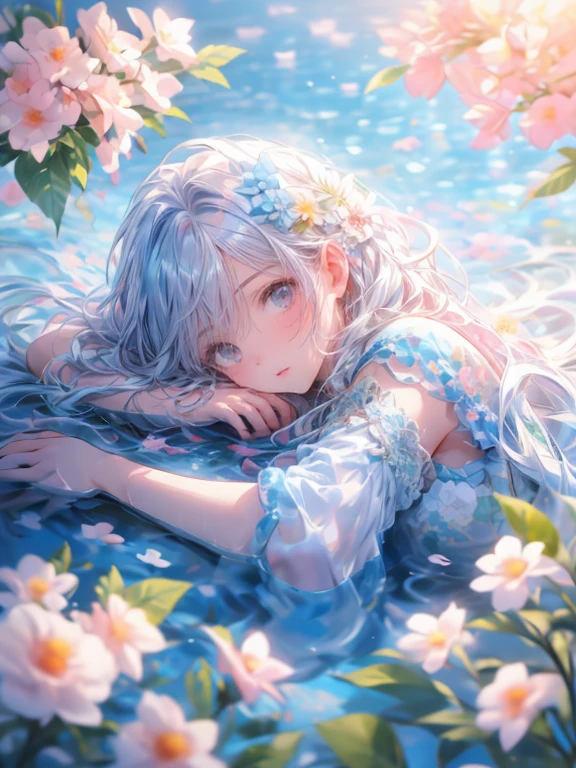 masterpiece:1.2, 8k, (best quality,ultra-detailed,photorealistic:1.37),1girl, soft light, cute girllying on a bed covered with a multitude of flowers,soft and delicate petals,fragrant blossoms,an abundance of colorful blooms,freshly picked flowers scattered on the bed,beautifully arranged flower arrangement,romantic and dreamy atmosphere,vibrant and vivid flower colors,a bed filled with flowers of various types and sizes,exquisite floral patterns,HDR,UHD,studio lighting,flower petals gently falling in the air,subtle play of light and shadow among the flowers,detailed textures of the flower petals,pure white linen sheets contrasting with the vibrant flowers,meticulous attention to the smallest details,colorful bokeh in the background,an aura of tranquility and peace,perfectly captured beauty of the flowers,artistic and enchanting composition,variety of flower species,playful and whimsical ambiance,feeling of being surrounded by nature's beauty,serene and inviting atmosphere,meticulously hand-painted flowers,impeccable realism,strong floral fragrance in the air.