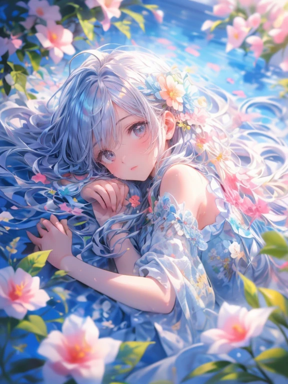 masterpiece:1.2, 8k, (best quality,ultra-detailed,photorealistic:1.37),1girl, soft light, cute girllying on a bed covered with a multitude of flowers,soft and delicate petals,fragrant blossoms,an abundance of colorful blooms,freshly picked flowers scattered on the bed,beautifully arranged flower arrangement,romantic and dreamy atmosphere,vibrant and vivid flower colors,a bed filled with flowers of various types and sizes,exquisite floral patterns,HDR,UHD,studio lighting,flower petals gently falling in the air,subtle play of light and shadow among the flowers,detailed textures of the flower petals,pure white linen sheets contrasting with the vibrant flowers,meticulous attention to the smallest details,colorful bokeh in the background,an aura of tranquility and peace,perfectly captured beauty of the flowers,artistic and enchanting composition,variety of flower species,playful and whimsical ambiance,feeling of being surrounded by nature's beauty,serene and inviting atmosphere,meticulously hand-painted flowers,impeccable realism,strong floral fragrance in the air.