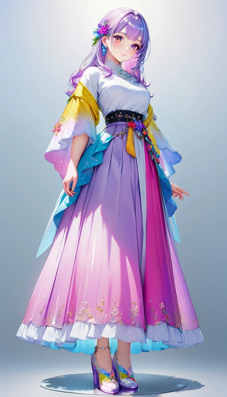 1girl,the beauty is standing on the flower,and the character details are exquisite,trendy fashion clothes,trendy portraits,colorful long skirt,realistic style with fantasy elements,clean background,shiny skin,detailed clothing,the facial details are perfect,bright colors,3D cartoon style rendering,pop Mart production,delicate gloss,8K gradient translucent glass melt,frosted glass,from below,Surrealism,