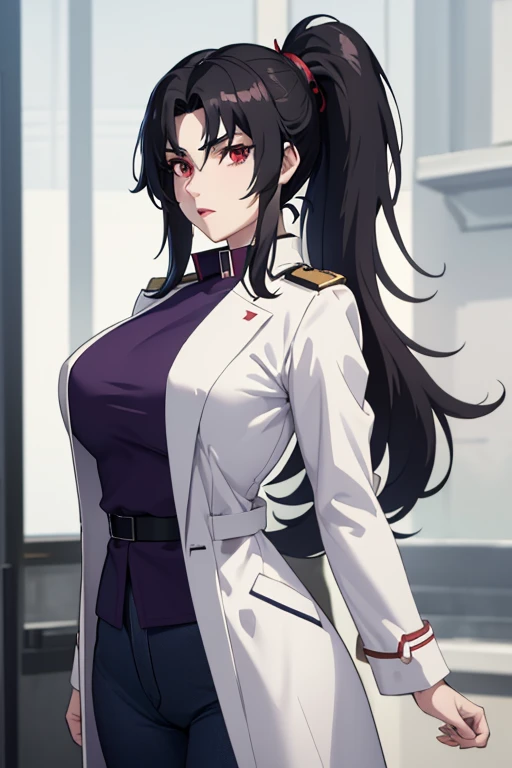 masterpiece, best quality, kurenai, folded ponytail, (white long coat), coat on shoulders,white navy soldier uniform ,(epaulettes), purple shirt, blue pants, upper body, looking at viewer, large breasts ,(hd), (full body shot), (high resolution)