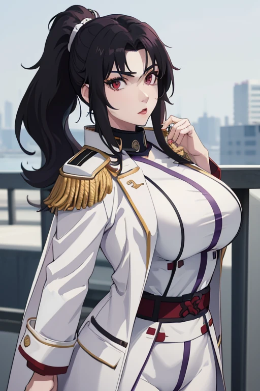 masterpiece, best quality, kurenai, folded ponytail, (white long coat), coat on shoulders,white navy soldier uniform ,(epaulettes), purple shirt, blue pants, upper body, looking at viewer, large breasts ,(hd), (full body shot), (high resolution)