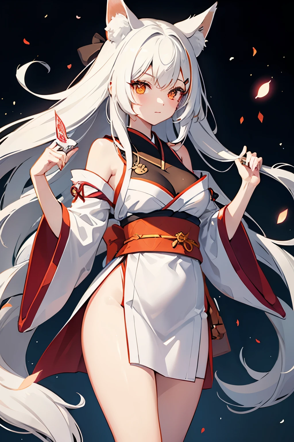 Fox girl, Japanese clothing, fox eyes, decent body, beautiful girl, looking at the viewer, fox marks on her face, orange eyes, white hair with black highlights, white tail with black highlights.