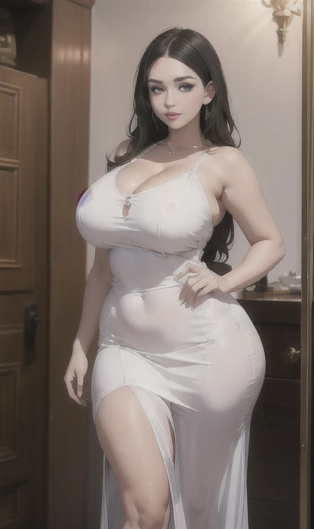 araffe woman in a white dress posing for a picture, wearing a cute white dress, curvy model, dressed in a beautiful white, wearing a wet white short dress, curvy hourglass figure, sexy dress, wearing white dress, thicc, beautiful full body shot, soft curvy shape, a beautiful woman in white, in a dress, bbwchan