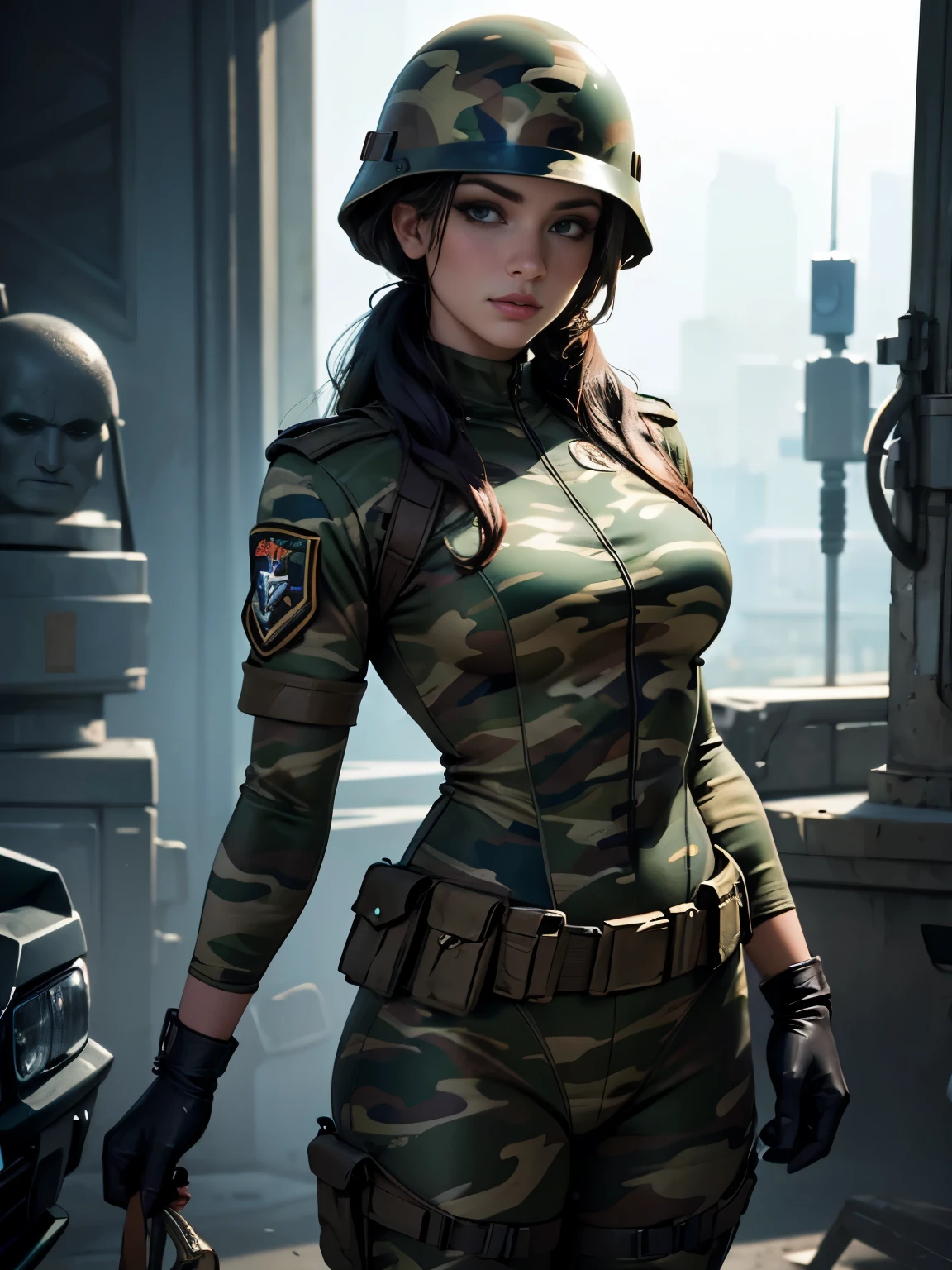 A stunningly beautiful woman in a camouflage swimsuit-like combat uniform、Equipment、Helmet、Very detailedな顔の特徴、Detailed eyes and lips、Long eyelashes、Beautiful and intricate garment details、Very detailed、Ultra-realistic、4k、8k、Photorealistic、masterpiece、Cinematic lighting、Dramatic Shadows、Bright colors、Military Style、Concept Art