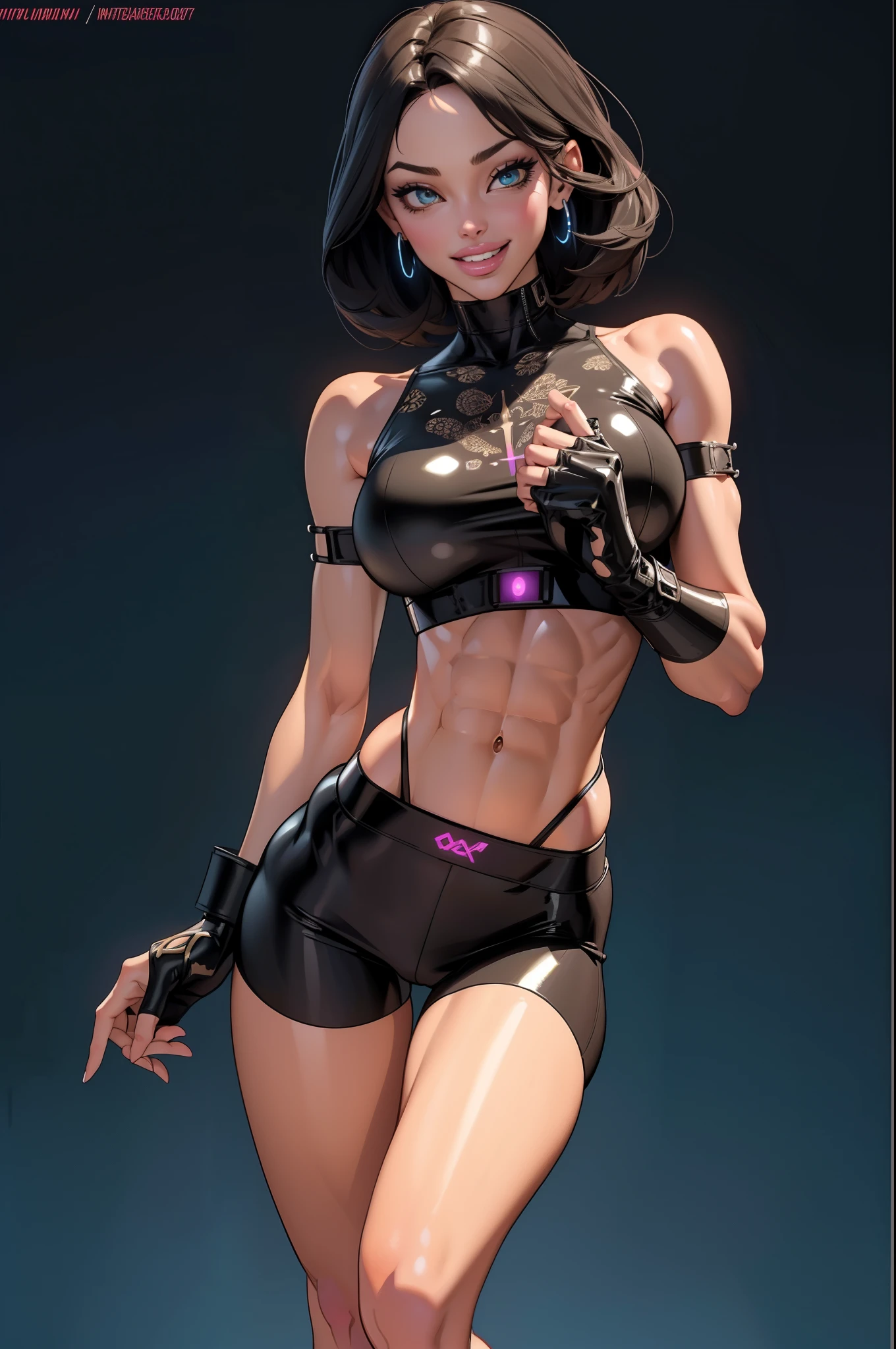 ((seductive face)), (((lustful))), grin, (Masterpiece:1.2), (best quality:1.2),, ((masterpiece, best quality):1.3) a girl, ((slendered abs:1.4)), 8-pack abs, tron circuit, (perky breasts:1.0), wearing ((high-tech metal alloys intricate to the body)), (micro shorts and bustier made in biotechnology with tron circuits intricate), (extremely detailed image with rich colors), very thin body, lean body, thigh-gap