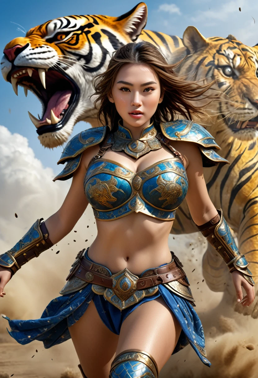 realistic depiction of a beautiful young warrior girl with huge breasts wearing armor with elegant batik carvings, riding an armored tiger running on the battlefield with the sensation of the effect of the movement of dust and debris particles in the air, in landscape mode, wide angle view and hd front view ( no extra limbs, no fun and distorted faces, no spots in the eyes, no extra fingers from toes and hands) ultra realistic HDR extreme,incredibly absurdres, ultra detailed, high resolution, realistic lighting, photorealism, hyperrealism,masterpiece,vibrant colors,stunning visuals,ultra skin texsture,stable diffusion,perfect anatomy,crazy details
