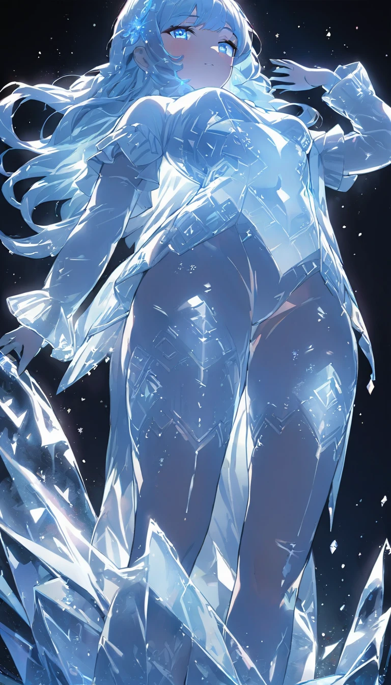 (a statue of a girl carved from ice, the body is completely transparent:1.6), (glowing fluorescent effect), sexy Korean idol face, wavy hair, from below, (upper thighs shot),