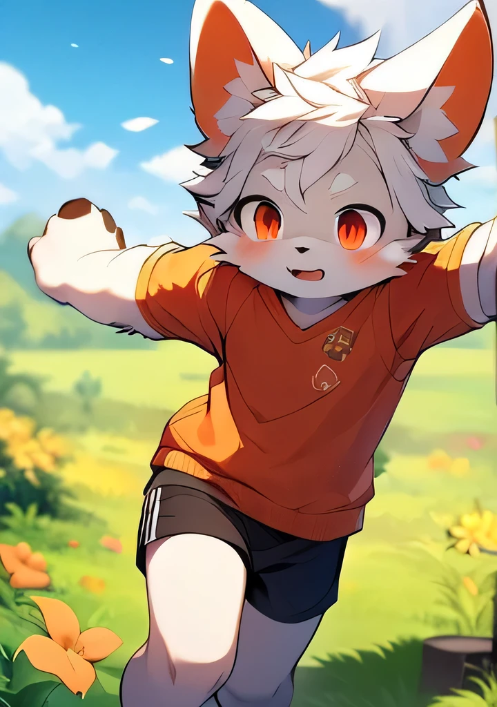 Bright eyes,panoramic,character focus,solo,hairy,hairy male,Male focus,Flower charcoal,(Body hair,Hairy tail,Off-white fur,Orange-red eyes,white hair,Orange coat,Grey shorts:1.2)Background grassland,Running on the steppe