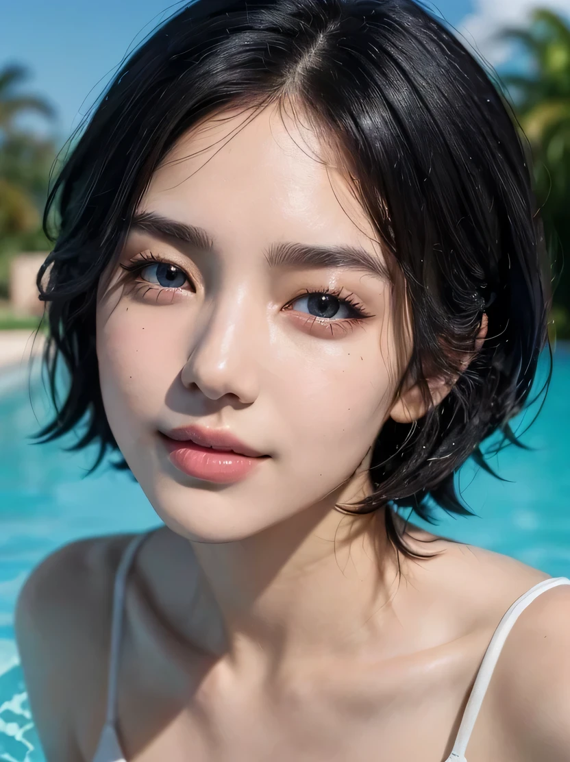 ((masterpiece、highest quality、Very detailed、High resolution、Photorealistic、Sharp focus))、((Photorealistic portrait of a stunningly beautiful woman、Focus on the chest up、(Bust Shot)、Brightness of the face))、High contrast、Detailed hand drawing、Bright smile、Detailed black eyes、Detailed, symmetrical and realistic face、Wet black hair、(Boyish short hair、High Top Fade、all back)、Rich colors、Ultra-realistic textures、View your viewers、Dynamic Pose、Blue one piece swimsuit、Striped pattern、Daytime、Poolside