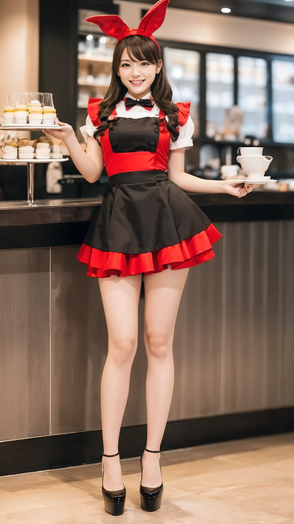 A bunny girl in a red maid outfit working at a maid cafe:1.5,The best smile:1.5,Full Body Shot:1.5,Gray background:1.5,Wearing black high heels:1.5,