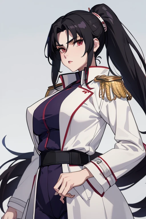 masterpiece, best quality, kurenai, folded ponytail, (white long coat), coat on shoulders,white navy soldier uniform ,(epaulettes), purple shirt, blue pants, upper body, looking at viewer, large breasts ,(hd), (full body shot), (high resolution)