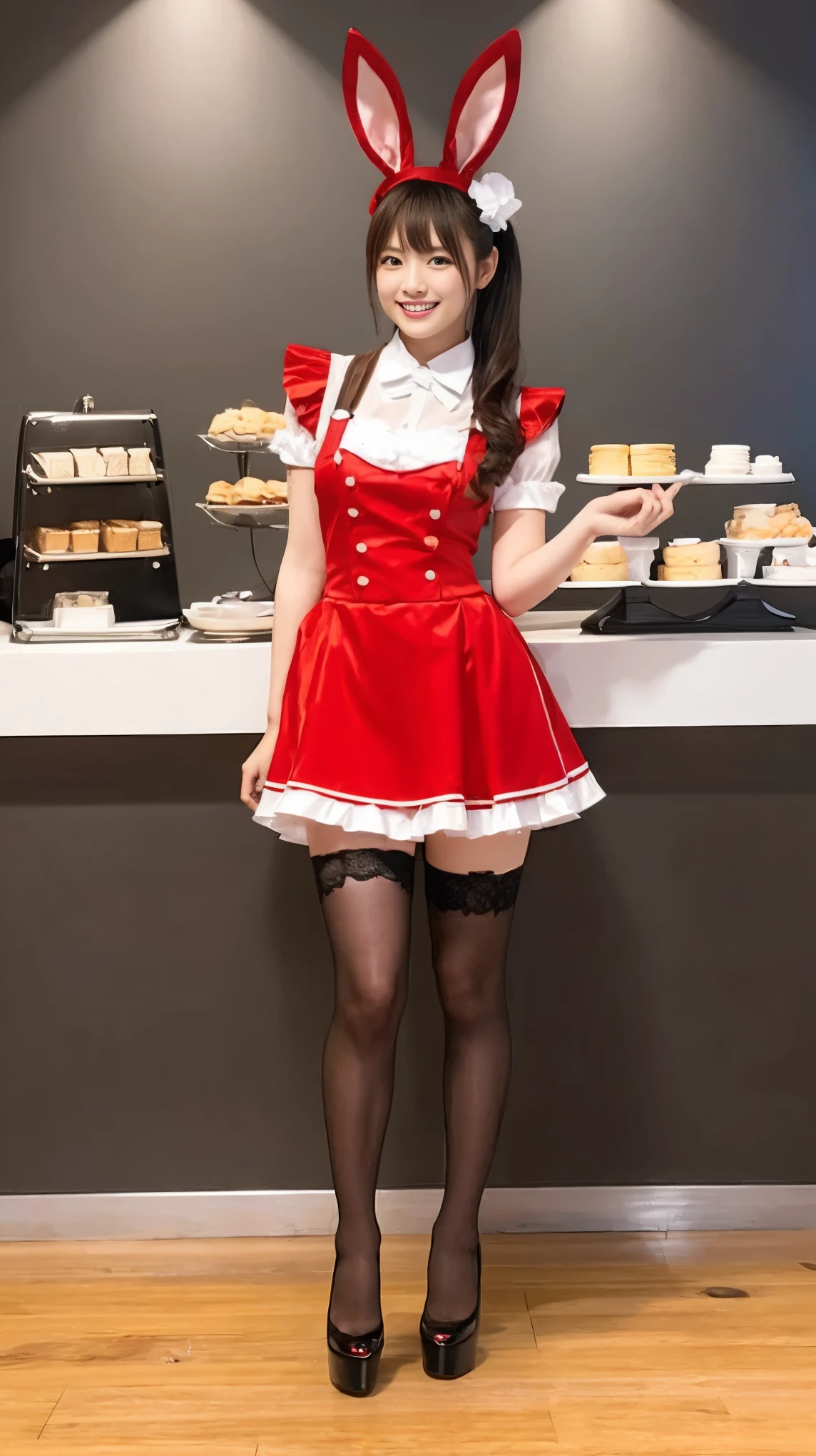 A bunny girl in a red maid outfit working at a maid cafe:1.5,The best smile:1.5,Full Body Shot:1.5,Gray background:1.5,Wearing black high heels:1.5,