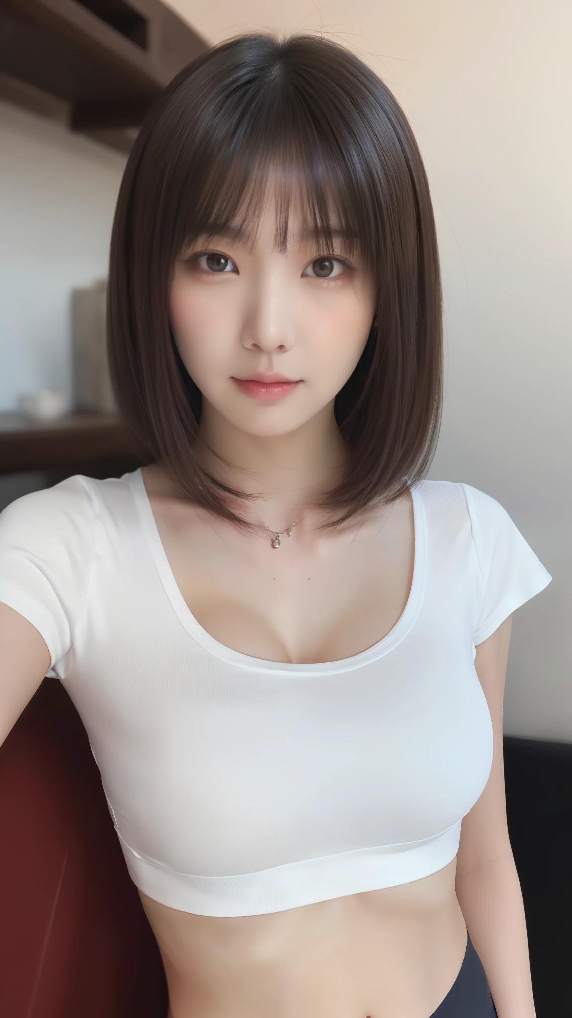 ((Realistic Face, Fascinating, Mature, White eyes)), (Grey crop top, Black underwear, Short clothes), (Long black hair), (20 years), (1 girl), (4K Style))