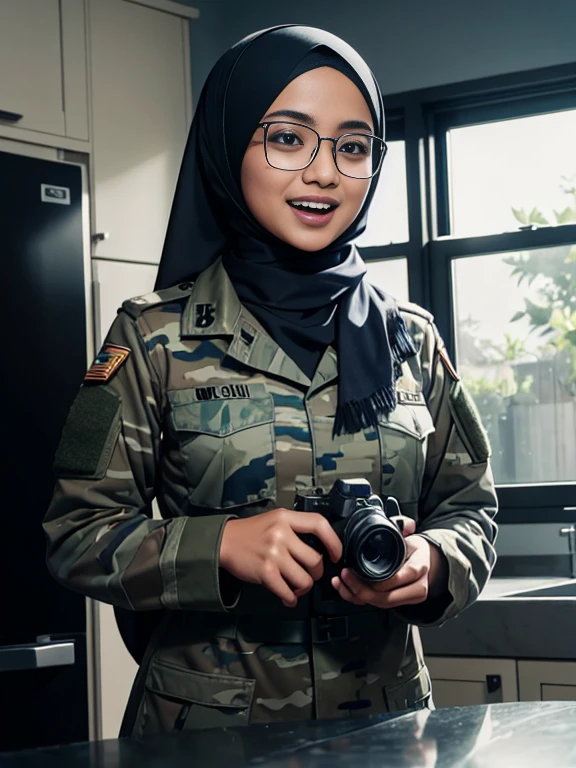 4 beautiful malay glasses girl in hijab taking picture in modern kitchen, wear blue digital camouflage military uniform, blue military uniform, army cadet, blue digital camouflage, friendly and laughing situation, laughing, happy, detailed skin texture, soft lighting, high quality, movie shot framing, ultra detail, 8k, style raw, cool color grading, Super 85mm lense, Establishing shot, Deep Focus cinematography effect,