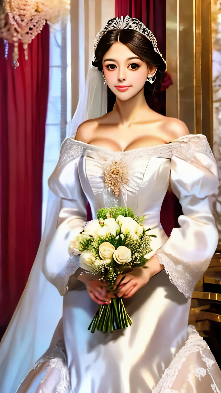 bride in a white dress holding a bouquet of flowers in a room, puff sleeves, beautiful and elegant, beautiful detailed elegant, romantic gown, ribbons and flowers, exquisite and beautiful, dressed beautiful gown, very beautiful and elegant, voluminous sleeves, exquisite detail perfect, in victorian aristocrat, with flowers, in romantic style, white regal gown