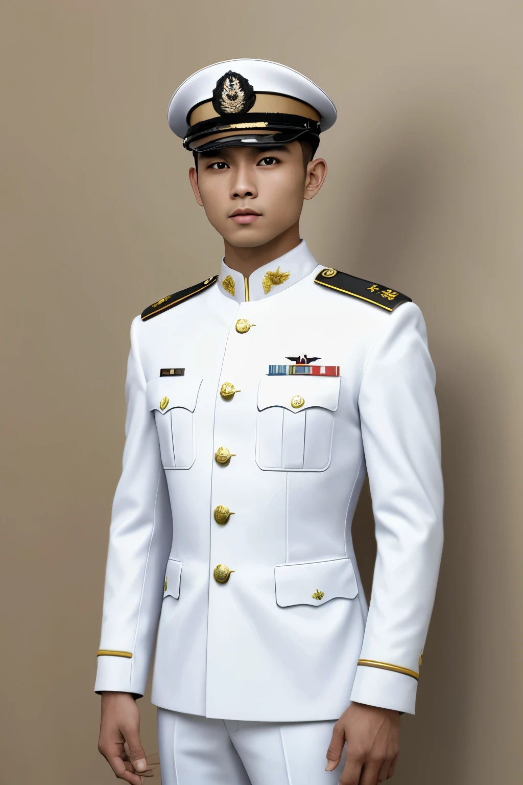 Masterpiece, hd, military uniform, white military uniform, military cap, malay man, medals, Jovem militar da marinha , uniforme branco com detalhes azuis , masculino , no centro , Papel de parede UHD , 8k, standing 