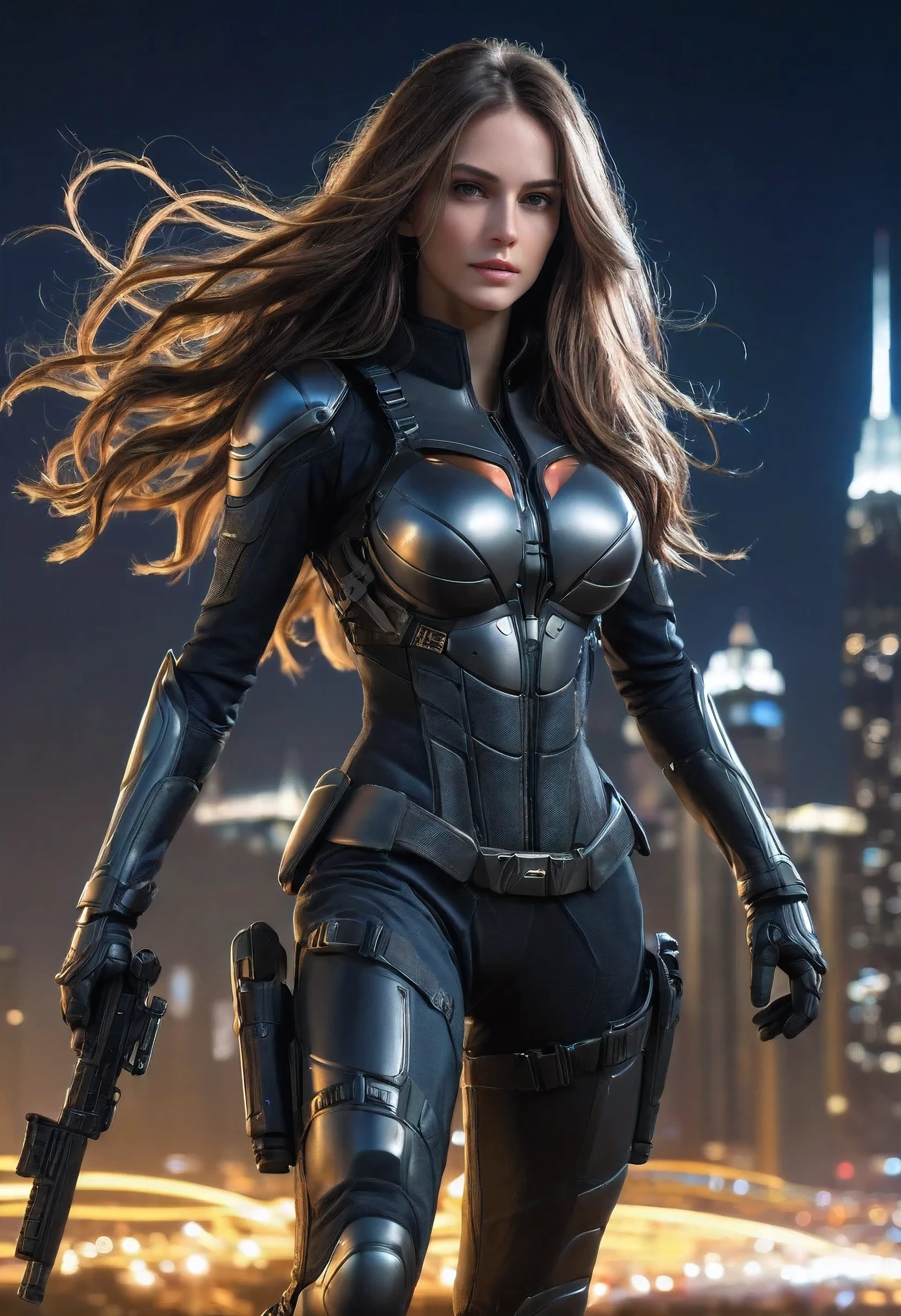 Girl with slender figure, exquisite facial features, long flowing hair, wearing a Tight Combat Suit with enhanced detail, weapons mounted, Fighting pose, ultra high resolution, super detail, night view of city below, beautiful detailed lighting, emphasis on originality and accuracy, high resolution, 16K