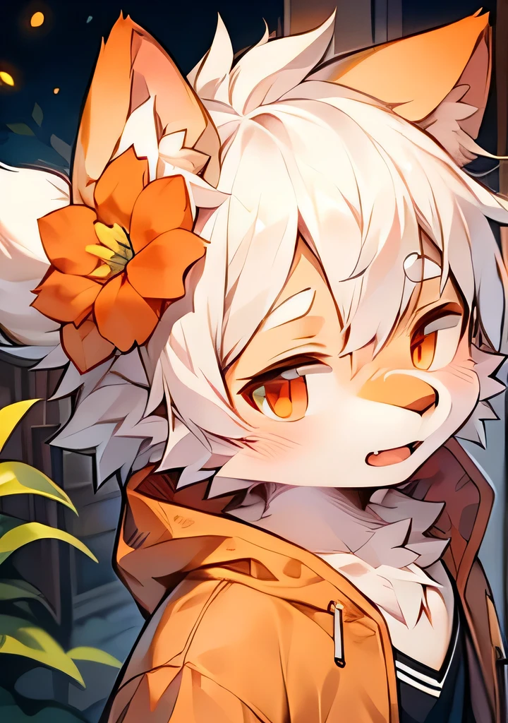 Bright eyes,panoramic,character focus,solo,hairy,hairy male,Male focus,Flower charcoal,(Body hair,Hairy tail,Off-white fur,Orange-red eyes,white hair,Orange coat,Grey shorts:1.2)