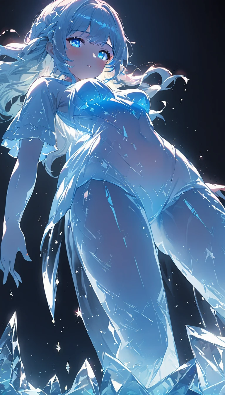 (a statue of a girl carved from ice, the body is completely transparent:1.6), (glowing fluorescent effect), sexy Korean idol face, wavy hair, from below, (upper thighs shot),