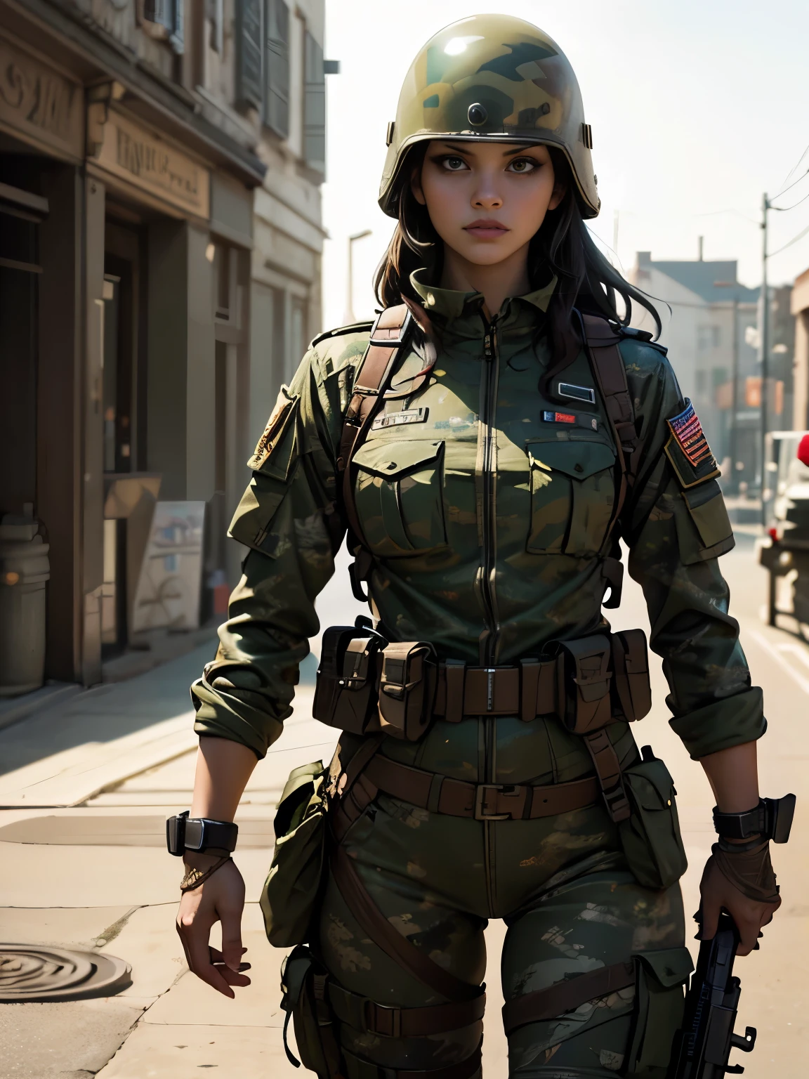 Cowboy Shot:1.5、A stunningly beautiful woman in a camouflage swimsuit-like combat uniform、Equipment、Helmet、Assault rifle、非常にVery detailedな顔の特徴、Detailed eyes and lips、Long eyelashes、Beautiful and intricate garment details、Very detailed、Ultra-realistic、4k、8k、Photorealistic、masterpiece、Cinematic lighting、Dramatic Shadows、Bright colors、Military Style、Concept Art