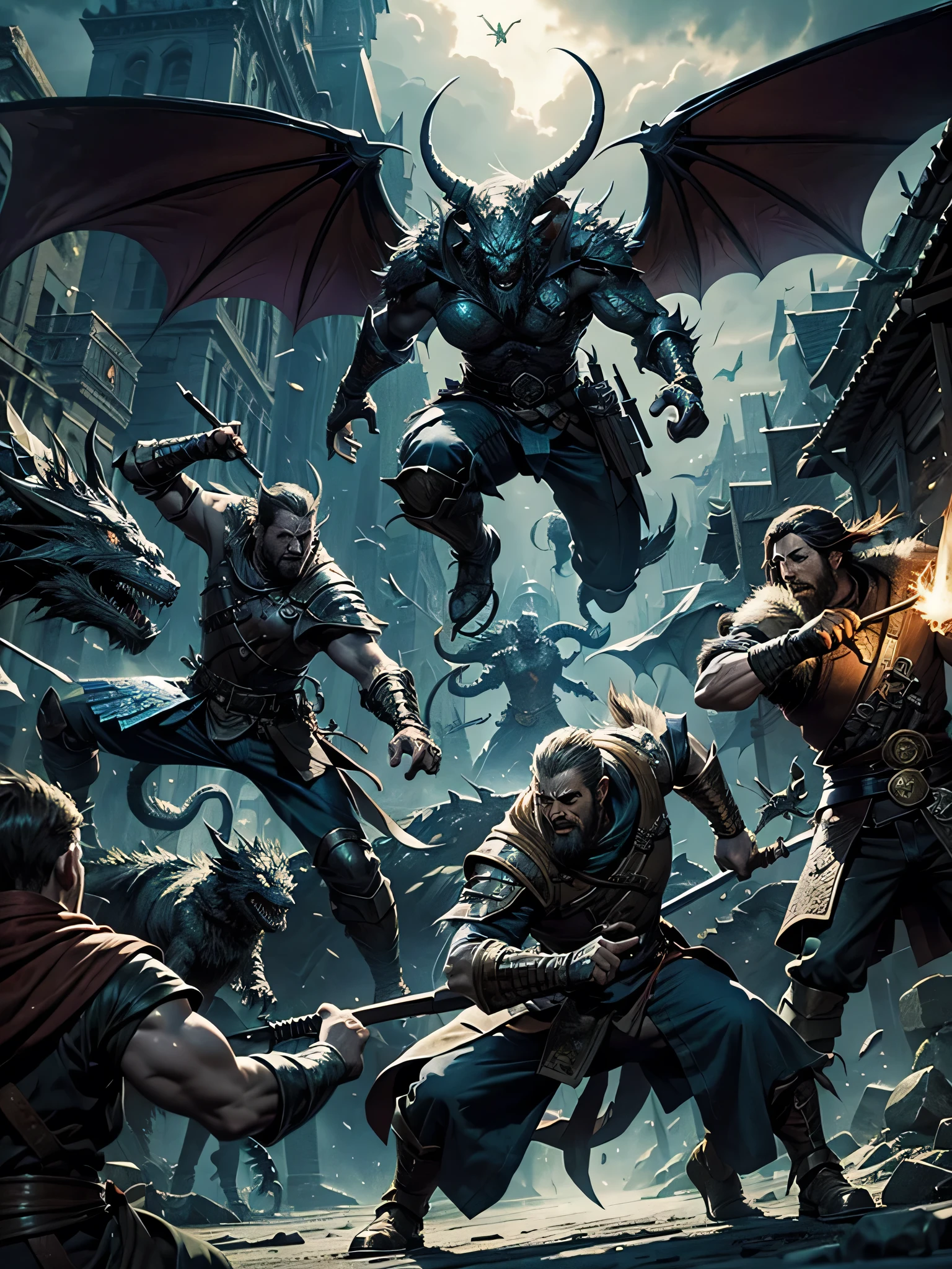 a group of warriors from ded rpg games, in an action scene, action poses, wizards releasing spells, dragons