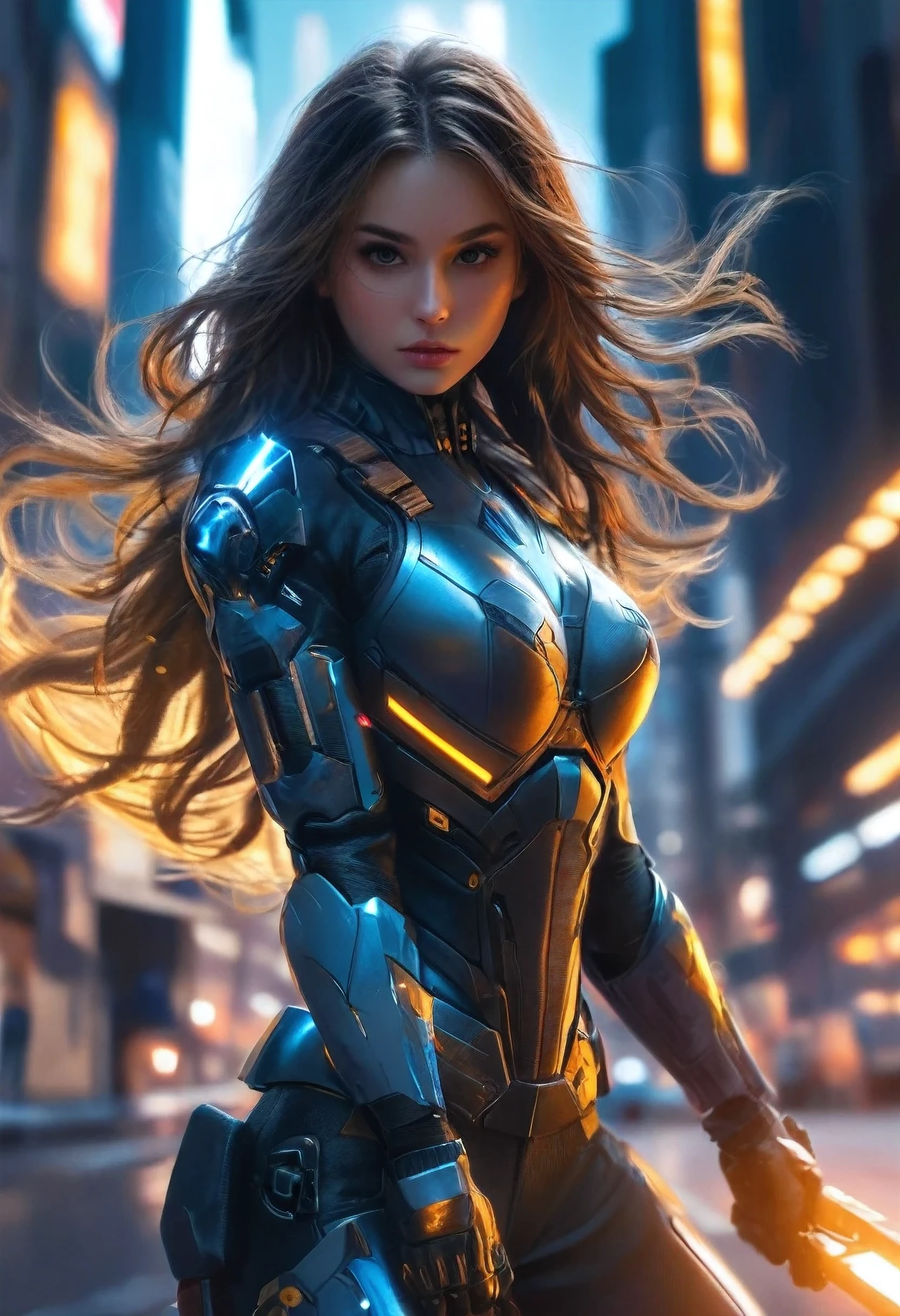 Girl with slender figure, exquisite facial features, long flowing hair, wearing a Tight Combat Suit with enhanced detail, weapons mounted, Fighting pose, ultra high resolution, super detail, night view of city below, beautiful detailed lighting, emphasis on originality and accuracy, high resolution, 16K