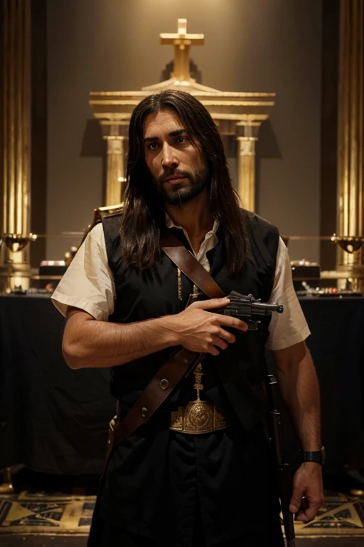 Jesus Christ finding the Ark of the Covenant with a black tunic and a k47 with a vest with bombs terrorist mode finding the Ark of the Covenant all looted Jesus Christ has a black tunic with an ak-47 checking the ark of the golden covenant Jesus Christ is a man