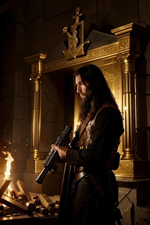 Jesus Christ finding the Ark of the Covenant with a black tunic and a k47 with a vest with bombs terrorist mode finding the Ark of the Covenant all looted Jesus Christ has a black tunic with an ak-47 checking the ark of the golden covenant Jesus Christ is a man