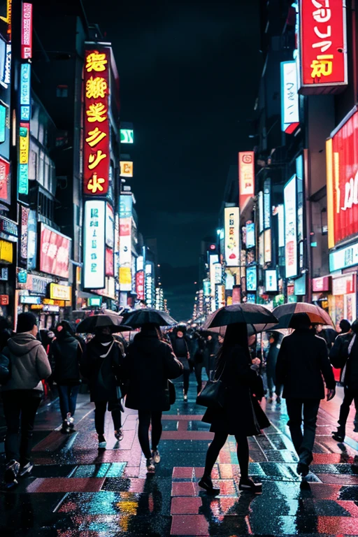 People bustling through the crowded streets of Shibuya, neon lights flashing, vibrant atmosphere, bustling city life --no rainy, umbllela