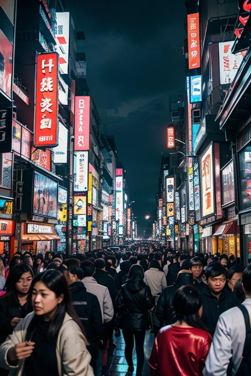 People bustling through the crowded streets of Shibuya, neon lights flashing, vibrant atmosphere, bustling city life --no rainy, umbllela