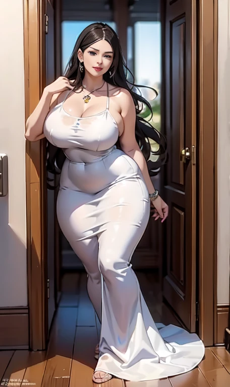 araffe woman in a white dress posing for a picture, wearing a cute white dress, curvy model, dressed in a beautiful white, wearing a wet white short dress, curvy hourglass figure, sexy dress, wearing white dress, thicc, beautiful full body shot, soft curvy shape, a beautiful woman in white, in a dress, bbwchan