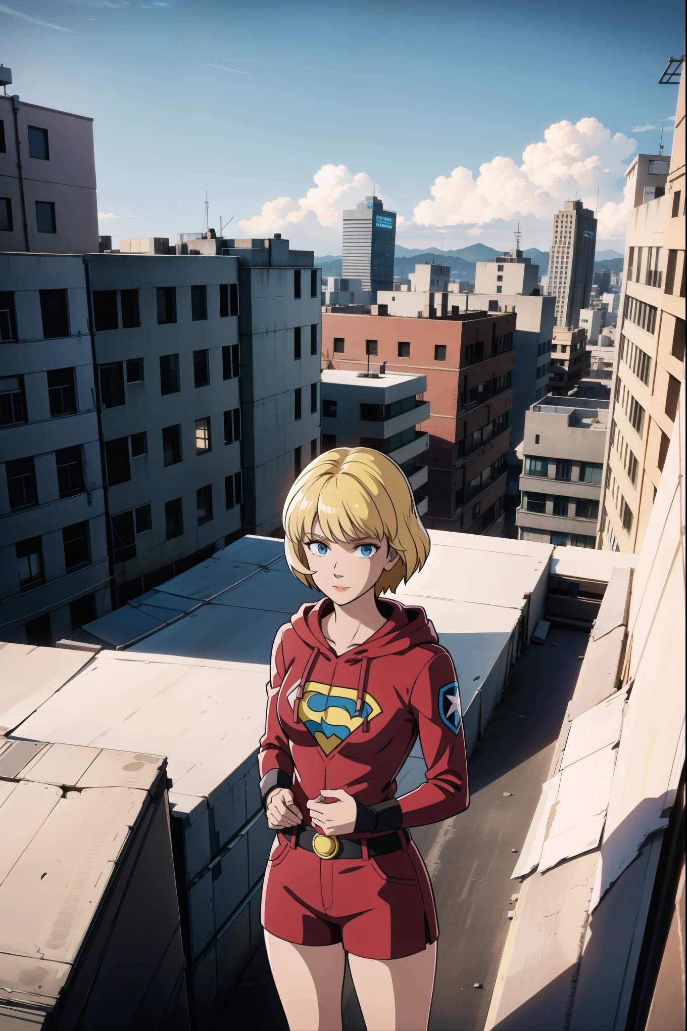 Beauty,Medium chest,Superhero Suit,Without a hood,Shorts,Ruined city,Blonde short hair,Building rooftop,Facing the camera