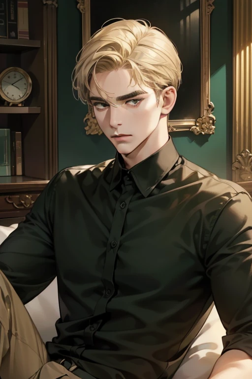 masterpiece, best quality, realistic, 1man, mature male, quiet and charming young man, 36 years old, look serious, closed mouth, portrait, extremely detailed face, a little distant, ((dark green eyes)), ((short-side-swept sandy blonde hair)), [thick eyebrows], living-room, ((black shirt)), sitting