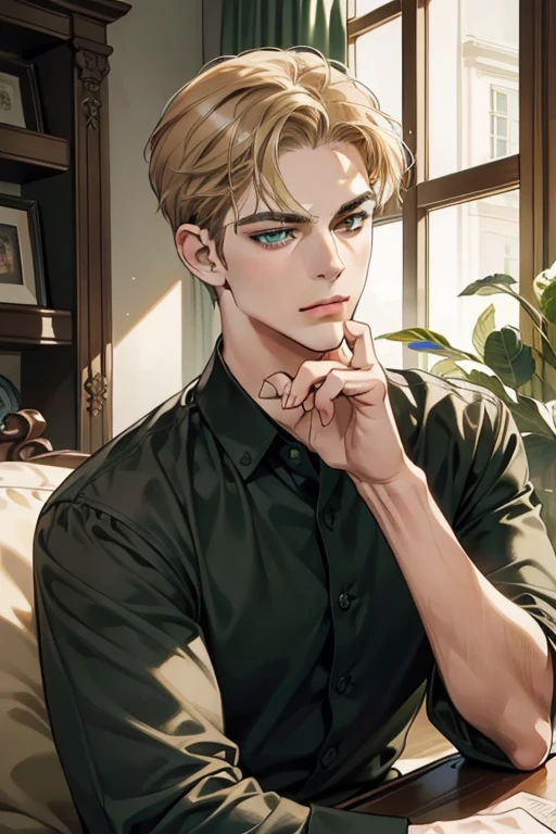 masterpiece, best quality, realistic, 1man, mature male, quiet and charming young man, 36 years old, look serious, closed mouth, portrait, extremely detailed face, a little distant, ((dark green eyes)), ((short-side-swept sandy blonde hair)), [thick eyebrows], living-room, ((black shirt)), sitting