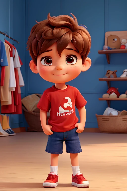 A 6 year-old boy happy hands touching his head with brown short hair, brown eyes with fair skin wearing a red t-shirt, blue jean shorts and blue tennis shoes with white socks.