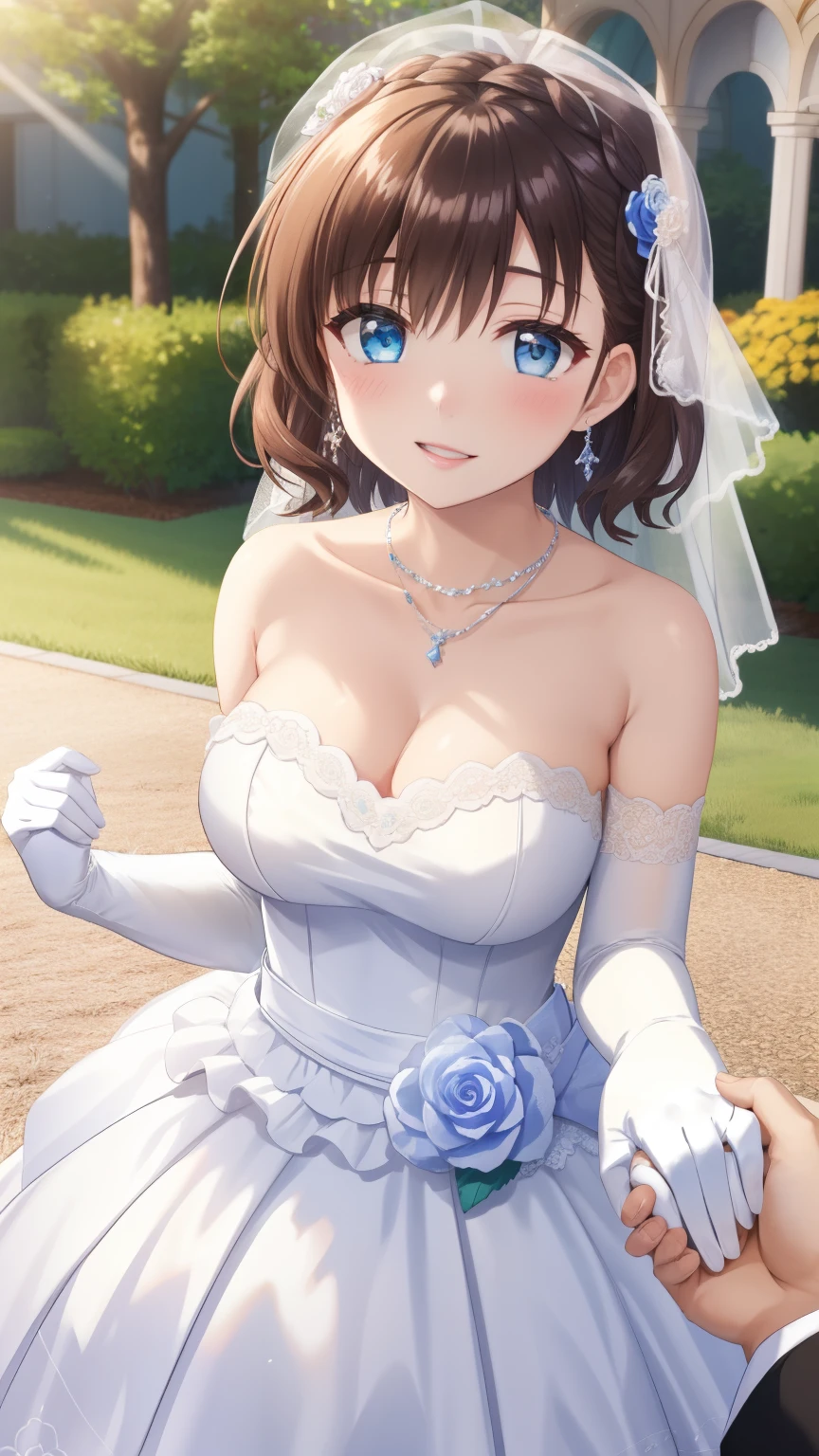 IncrsHoldingHandsPov, holding hands, pov hands, 1girl, natural lighting, masterpiece, highly detailed, illustration, game CG, absurdres, high quality, aichan, large breasts, blue eyes, beautiful detailed eyes, short brown hair, side braid, garden, wedding dress, collarbone, necklace, elbow gloves, glossy lips, bright smile