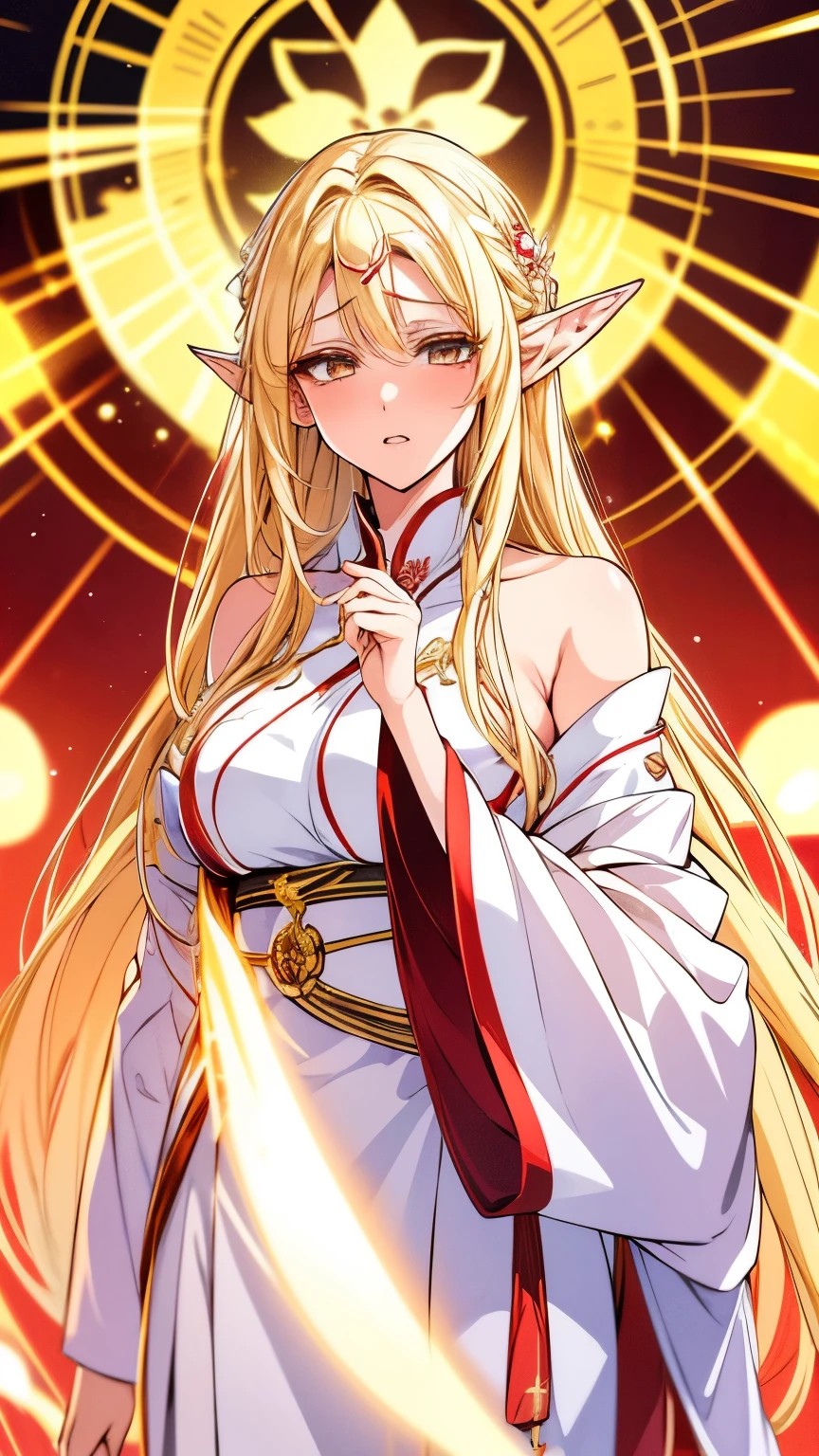 seamless image fusion, best quality, super fine, 16k, incredibly absurdres, extremely detailed, delicate and dynamic, noble, cool and beautiful elf woman, blonde hair, captivating look, aroused expression, iridescent gold eyes, tall and stylish, wearing red and white shrine maiden costume, background shrine office, wonderful effects that highlight the subject