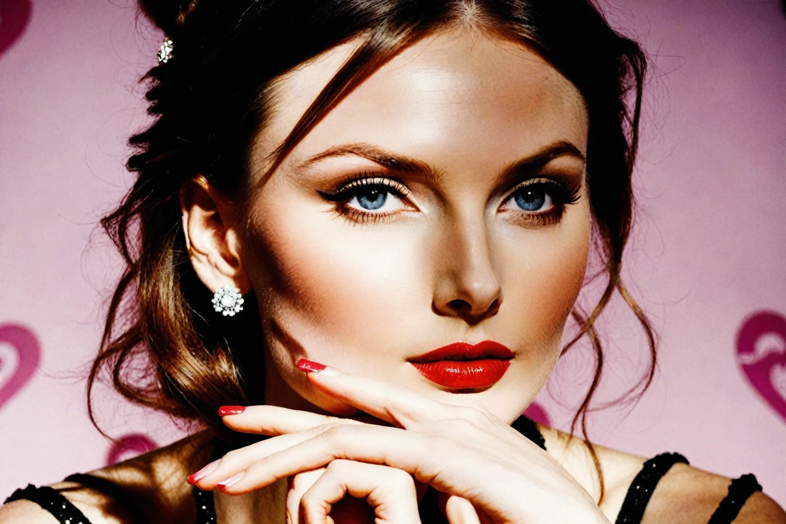 Sophie Ellis-Bextor's face is an oval shape, with the forehead, cheekbones, and jawline forming a harmonious arc. Her eyes are almond-shaped, slightly tilted upwards at the outer corners, and fringed with thick eyelashes that add depth to their shape. Her eyebrows are slender, almost imperceptible when relaxed, but can be dramatically arched when raised in surprise or amusement. Her nose is straight and proportional to her face, with nostrils that are moderately flared. The cheekbones are high and slightly prominent, giving definition to the overall facial structure. The cheeks themselves are smooth and even, with a subtle radiance suggesting good skin health. The lips are full and heart-shaped, with a slight upwards curve at the cupid's bow. When relaxed, they form a gentle O shape, but can be pursed or puckered when expressing emotion. Her jawline is strong and defined, tapering slightly as it approaches the chin, which is rounded and proportionate to her overall facial structure.