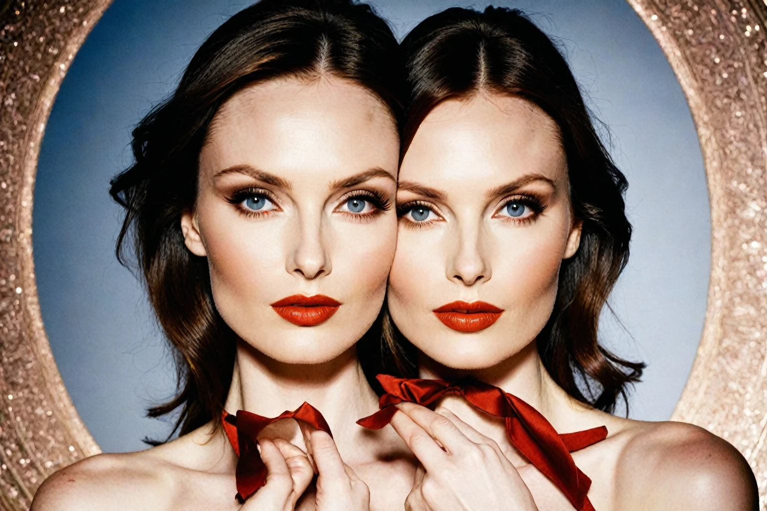Sophie Ellis-Bextor's face is an oval shape, with the forehead, cheekbones, and jawline forming a harmonious arc. Her eyes are almond-shaped, slightly tilted upwards at the outer corners, and fringed with thick eyelashes that add depth to their shape. Her eyebrows are slender, almost imperceptible when relaxed, but can be dramatically arched when raised in surprise or amusement. Her nose is straight and proportional to her face, with nostrils that are moderately flared. The cheekbones are high and slightly prominent, giving definition to the overall facial structure. The cheeks themselves are smooth and even, with a subtle radiance suggesting good skin health. The lips are full and heart-shaped, with a slight upwards curve at the cupid's bow. When relaxed, they form a gentle O shape, but can be pursed or puckered when expressing emotion. Her jawline is strong and defined, tapering slightly as it approaches the chin, which is rounded and proportionate to her overall facial structure.