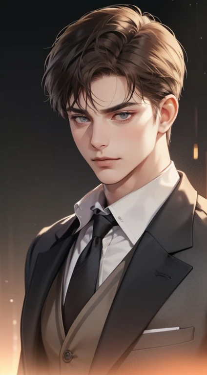 masterpiece, best quality, realistic, 1man, mature male, quiet and charming young man, 35 years old, close his eyes, serious look, extremely detailed face, smirk, ((dark grey eyes)), ((short-right-swept dark brown hair)), [thick eyebrows], detective, Plain background, ((suit)), cinematic lighting