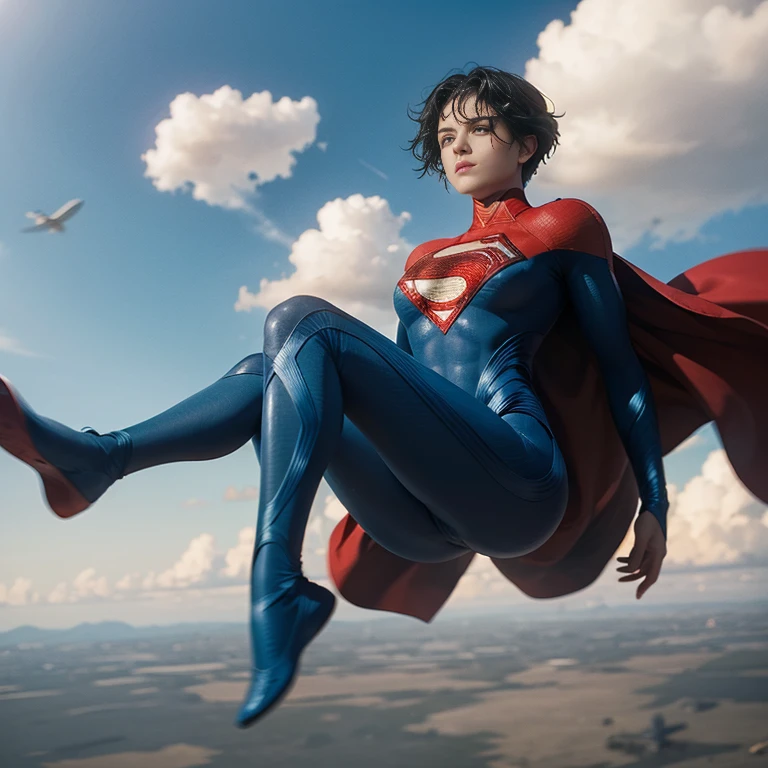 solo, 1girl, 5uper, supergirl, black hair, pixie haircut, blue eyes, blue bodysuit, long sleeves, red cape, floating down towards earth