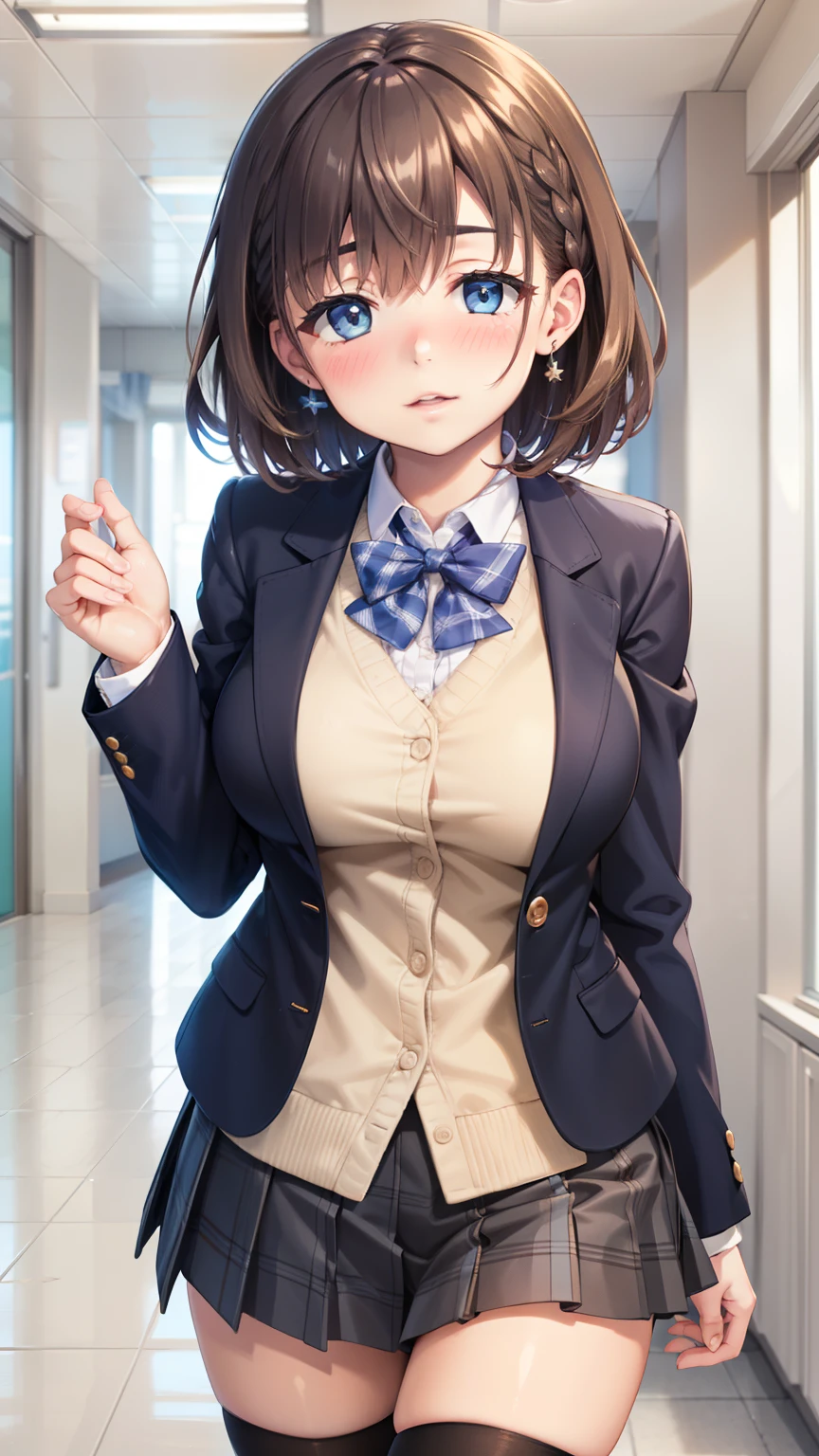 Beso, 1girl, natural lighting, masterpiece, highly detailed, illustration, game CG, absurdres, high quality, aichan, large breasts, blue eyes, beautiful detailed eyes, short brown hair, side braid, school, blazer, plaid miniskirt, thigh highs, school hallway