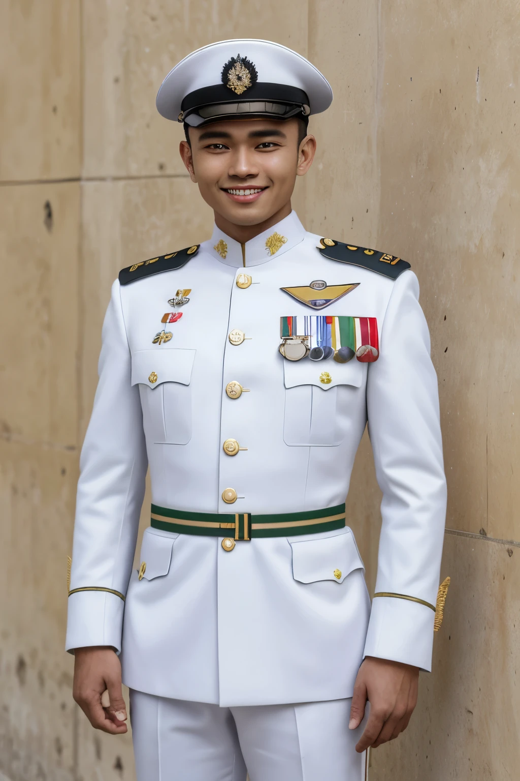 Masterpiece, hd, military uniform, white military uniform, military cap, medals, Jovem militar da marinha , uniforme branco com detalhes azuis , masculin , no centro , Papel de parede UHD , 8k, standing, malay man, smiling