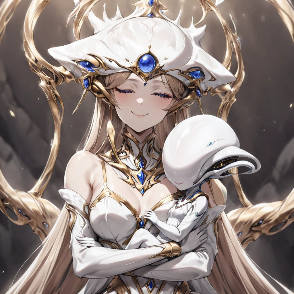 ((highest quality)), ((masterpiece)), (detailed), （Perfect Face）、（The woman is a beautiful and seductive pure white alien queen named Princess Leona, whose body transforms into an alien and turns into a pure white alien. She has long straight light brown hair, a slender body, but normal breasts, and is wearing an alien suit with alien decorations.）The woman is in the alien nest, embracing and kissing her adult alien son and accepting his caresses.、The son is a rugged adult alien who embraces and kisses his beloved mother, then pulls her close as she holds his .、The son, who is snuggling with the woman and his son and entrusting himself to her, treats the woman as his own woman and caresses her deeply.、The woman is holding an alien baby