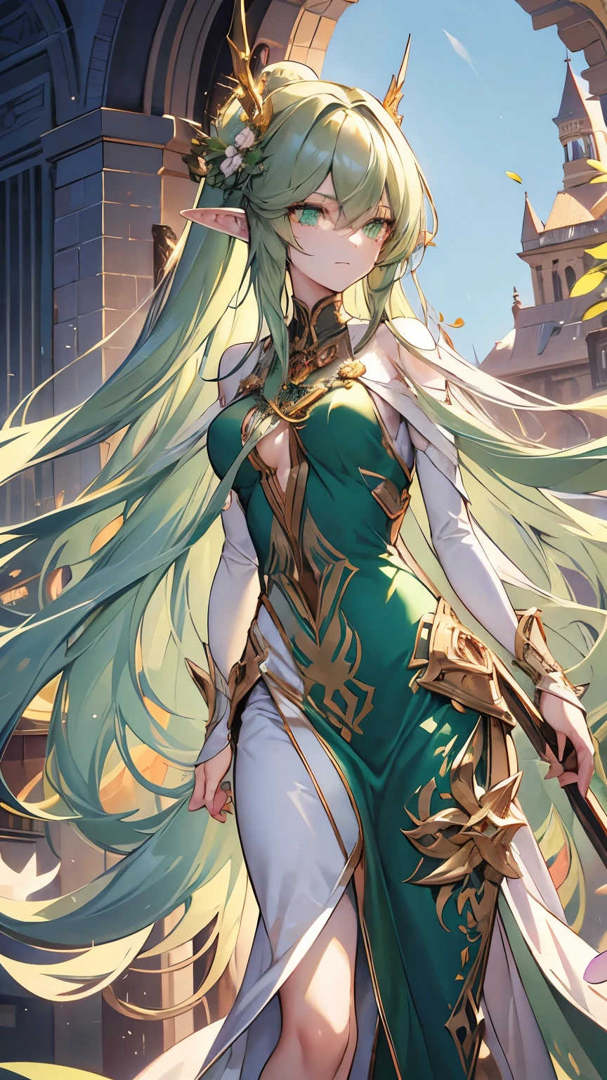 green hair, very long hair, floating hair, big hair, wizard hat, eyeball, green eyes, high detailed eyes, long pointy ears, anime, by Alfons Mucha, blending, masterpiece, accurate, textured skin, best quality, highres, super detail, 8k,elf, mature lady, green dress, Intricately embroidered dress, Fresh green leaves, Full-body view, Elven Wizard